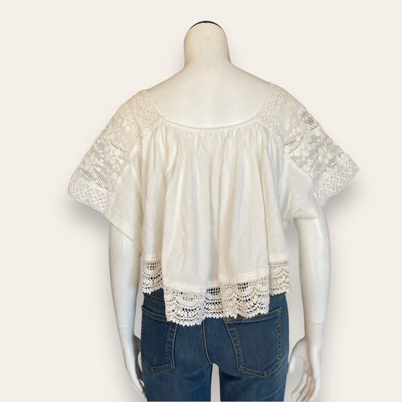 White Cotton and Lace Boho Blouse w/ Black Embroidery, Flowy relaxed fit NWT - Picture 5 of 6